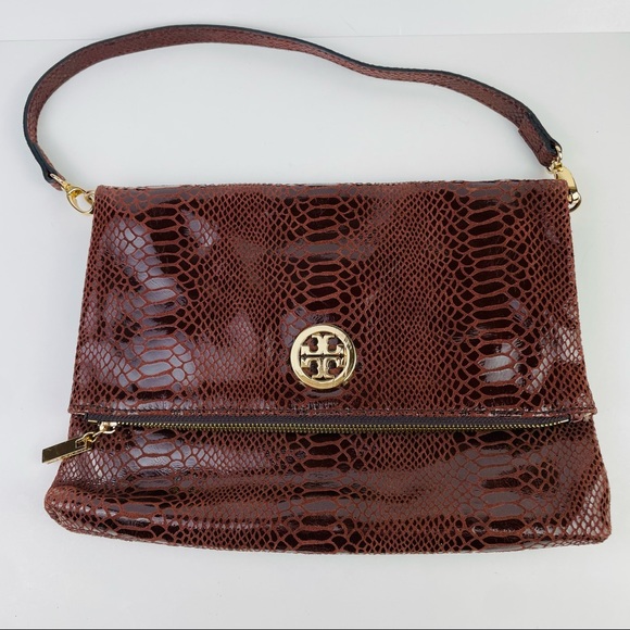 Authentic Tory Burch Maroon Snake Skin Fold Over Shoulder Bag Clutch Purse - Picture 1 of 12